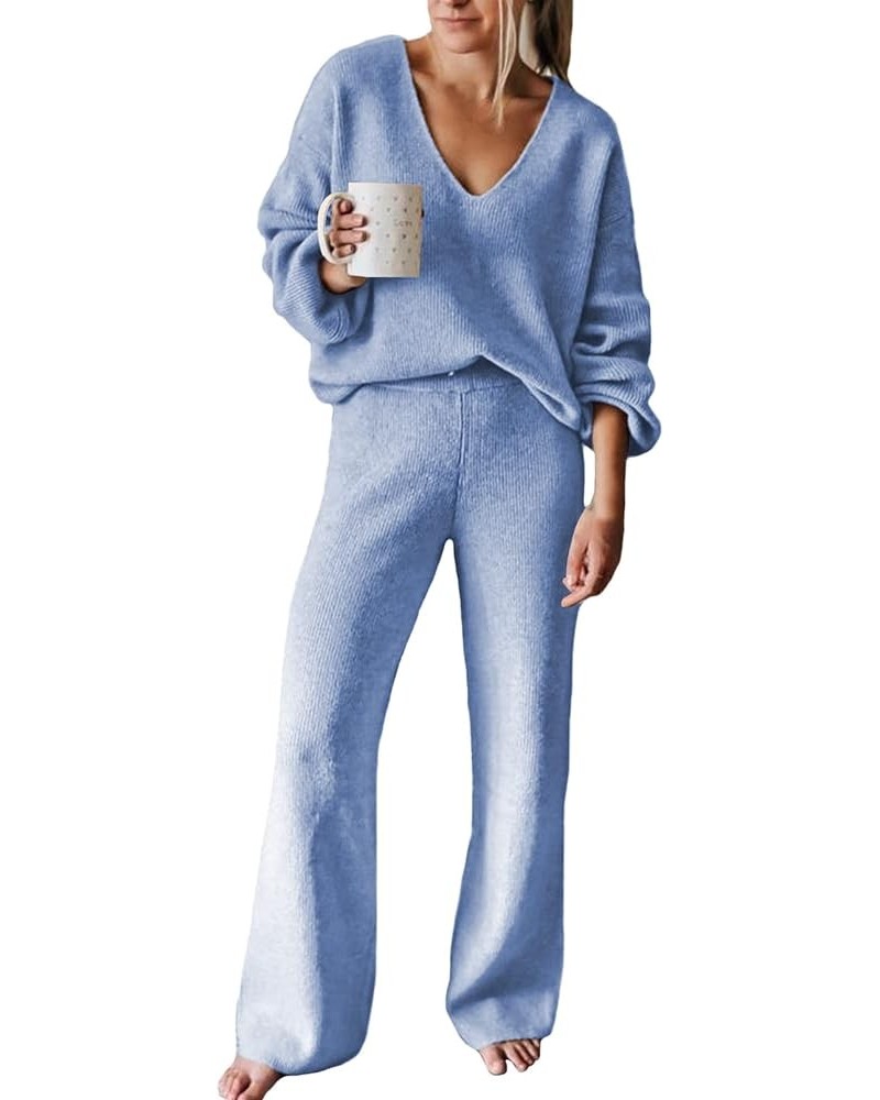 Women's 2 Piece Outfit Tracksuit Set Deep V Neck Knit Top And Wide Leg Long Pants Sweatsuit Baby Blue $23.76 Activewear