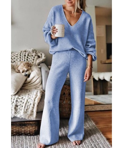 Women's 2 Piece Outfit Tracksuit Set Deep V Neck Knit Top And Wide Leg Long Pants Sweatsuit Baby Blue $23.76 Activewear