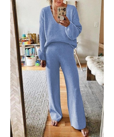 Women's 2 Piece Outfit Tracksuit Set Deep V Neck Knit Top And Wide Leg Long Pants Sweatsuit Baby Blue $23.76 Activewear