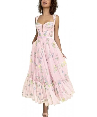 Flower Embroidered Tulle Prom Dresses Corset Tea Length Sweetheart Neck Formal Evening Party Gown 01-pink $42.92 Dresses