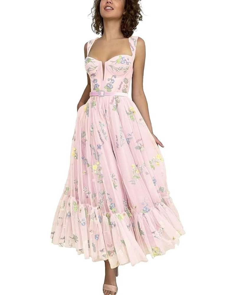 Flower Embroidered Tulle Prom Dresses Corset Tea Length Sweetheart Neck Formal Evening Party Gown 01-pink $42.92 Dresses