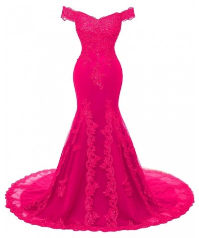 Off Shoulder Mermaid Long Lace Beaded Prom Dress Corset Evening Gowns Fuchsia $50.92 Dresses