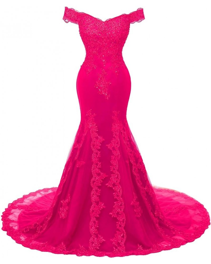 Off Shoulder Mermaid Long Lace Beaded Prom Dress Corset Evening Gowns Fuchsia $50.92 Dresses