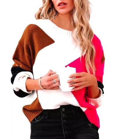 Womens Sweater Pullover Casual Long Sleeve Crewneck Color Block Pullover Knit Sweater for Women M-rose Pink $18.45 Sweaters