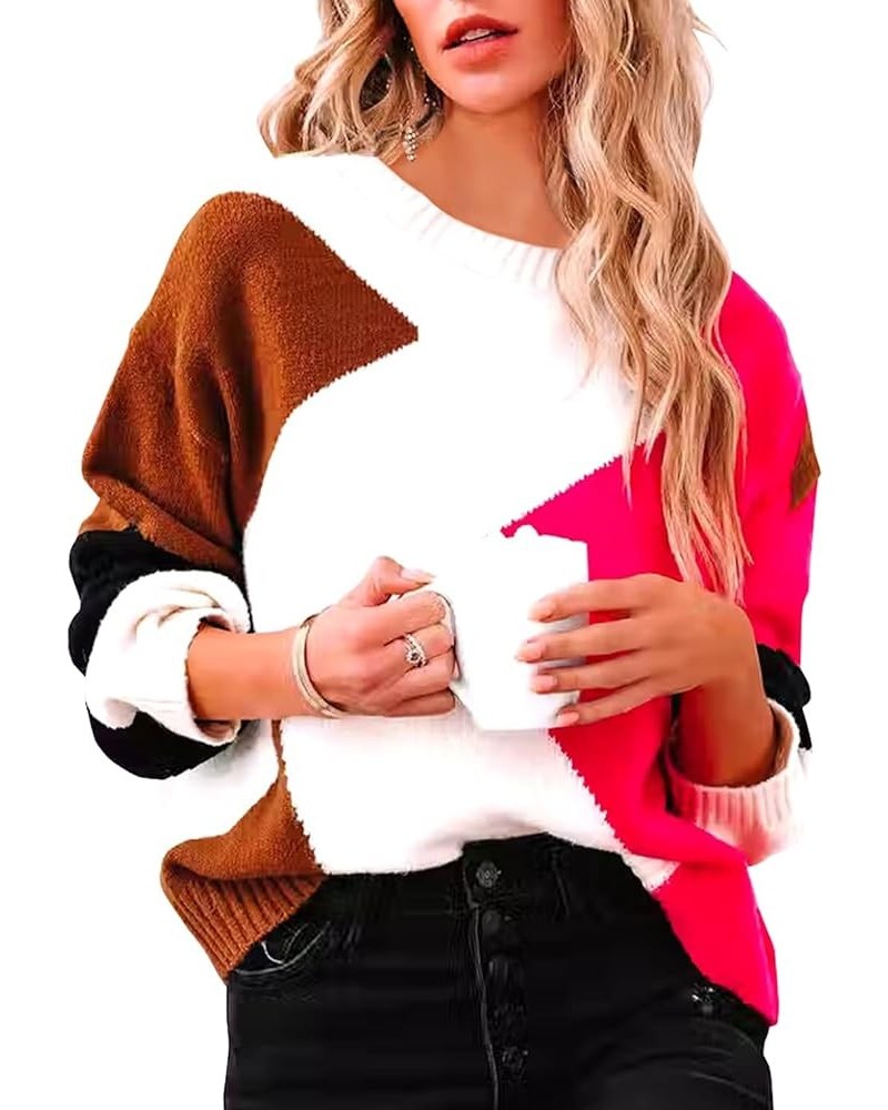 Womens Sweater Pullover Casual Long Sleeve Crewneck Color Block Pullover Knit Sweater for Women M-rose Pink $18.45 Sweaters