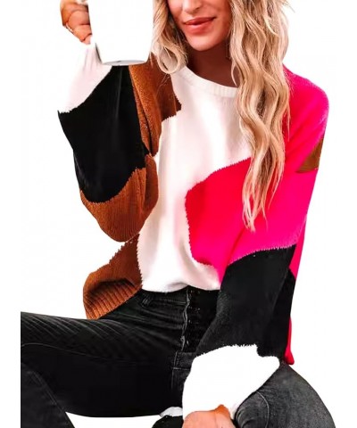 Womens Sweater Pullover Casual Long Sleeve Crewneck Color Block Pullover Knit Sweater for Women M-rose Pink $18.45 Sweaters