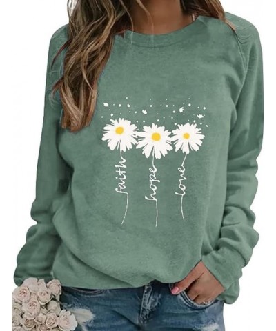 Fall Womens Crewneck Sweatshirts Faith-Hope-Love Daisy Print Shirts Casual Long Sleeve Pullover Tops Green $15.36 Hoodies & S...