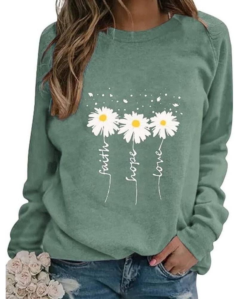 Fall Womens Crewneck Sweatshirts Faith-Hope-Love Daisy Print Shirts Casual Long Sleeve Pullover Tops Green $15.36 Hoodies & S...