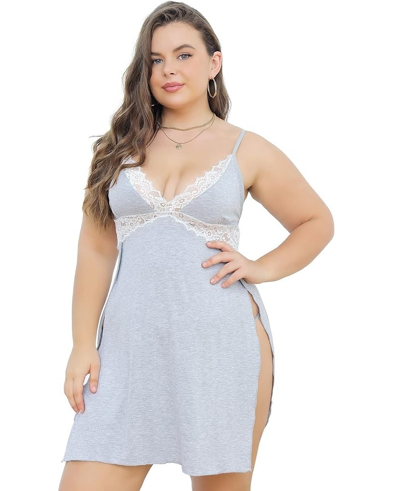 Plus Size Babydoll Lingerie for Women Sexy Nightgowns Side Slit Sleepwear V-Neck Babydoll Dress Lace Chemise Grey $10.08 Ling...