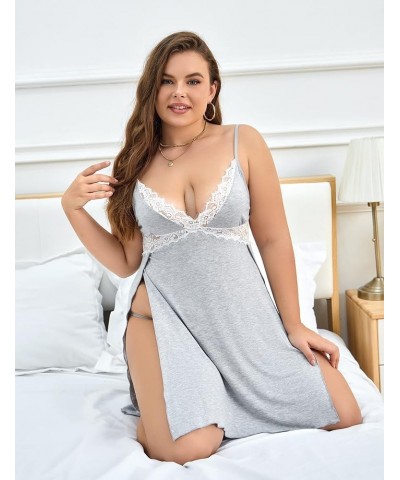 Plus Size Babydoll Lingerie for Women Sexy Nightgowns Side Slit Sleepwear V-Neck Babydoll Dress Lace Chemise Grey $10.08 Ling...