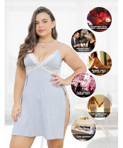 Plus Size Babydoll Lingerie for Women Sexy Nightgowns Side Slit Sleepwear V-Neck Babydoll Dress Lace Chemise Grey $10.08 Ling...