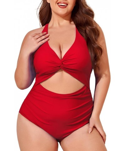 Plus Size Swimsuit for Women Cutout One Piece Ruched Monokini Tummy Control Bathing Suit Peach Red $11.60 Swimsuits