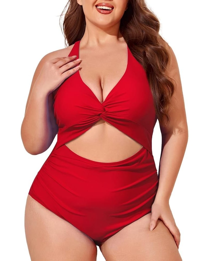 Plus Size Swimsuit for Women Cutout One Piece Ruched Monokini Tummy Control Bathing Suit Peach Red $11.60 Swimsuits