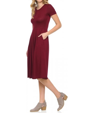 Women's Short Sleeve Pleated Midi Dress with Pockets Casual Formal Summer Burgundy $10.19 Dresses