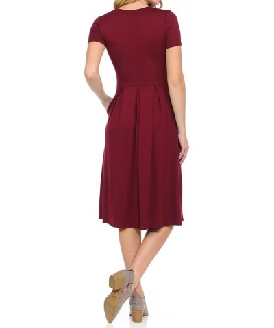 Women's Short Sleeve Pleated Midi Dress with Pockets Casual Formal Summer Burgundy $10.19 Dresses