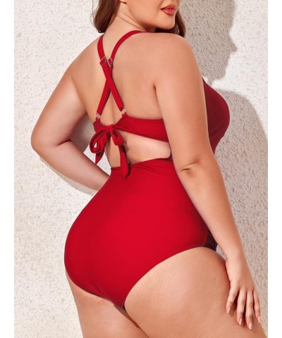 Plus Size Swimsuit for Women Cutout One Piece Ruched Monokini Tummy Control Bathing Suit Peach Red $11.60 Swimsuits