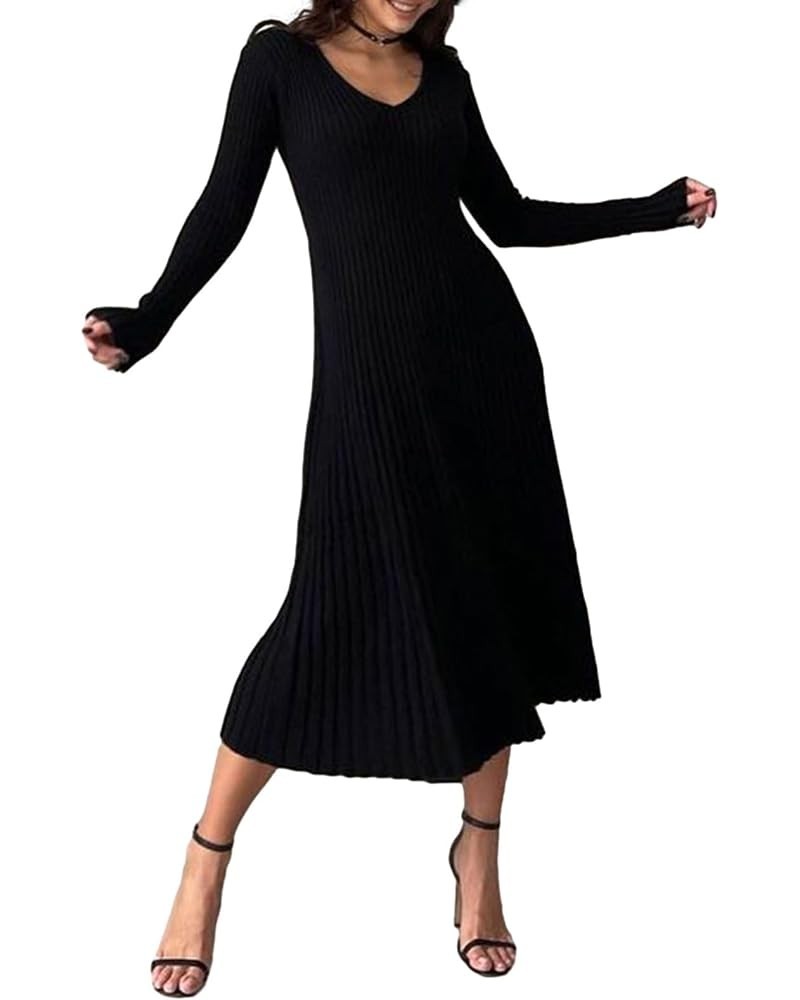 Women Ribbed Knit Long Sleeve Maxi Dress Slim Fit Solid Color Bodycon Pencil Long Dress Casual Fall Winter Clothes C- Black $...