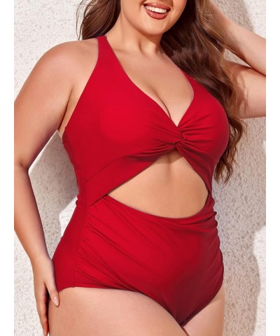 Plus Size Swimsuit for Women Cutout One Piece Ruched Monokini Tummy Control Bathing Suit Peach Red $11.60 Swimsuits