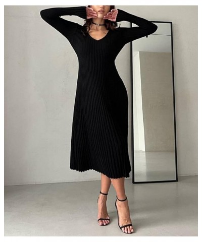 Women Ribbed Knit Long Sleeve Maxi Dress Slim Fit Solid Color Bodycon Pencil Long Dress Casual Fall Winter Clothes C- Black $...