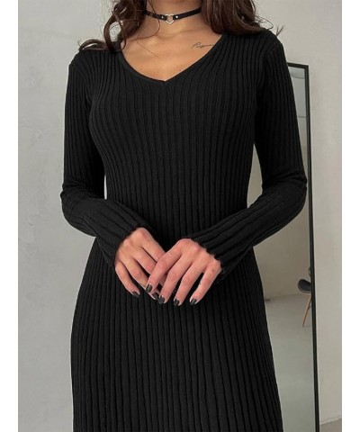 Women Ribbed Knit Long Sleeve Maxi Dress Slim Fit Solid Color Bodycon Pencil Long Dress Casual Fall Winter Clothes C- Black $...