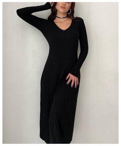 Women Ribbed Knit Long Sleeve Maxi Dress Slim Fit Solid Color Bodycon Pencil Long Dress Casual Fall Winter Clothes C- Black $...