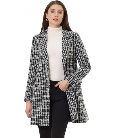 Women's Plaid Tweed Coat Elegant Lapel Collar Double Breasted Blazer Outerwear Black $33.54 Coats