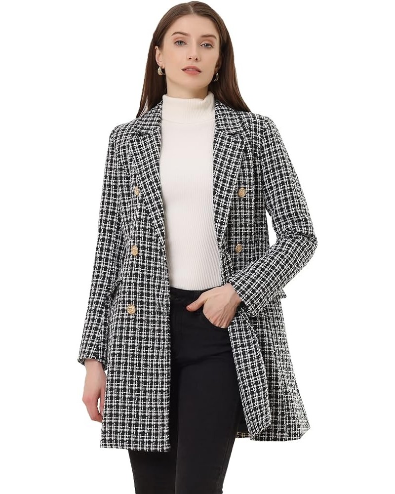 Women's Plaid Tweed Coat Elegant Lapel Collar Double Breasted Blazer Outerwear Black $33.54 Coats