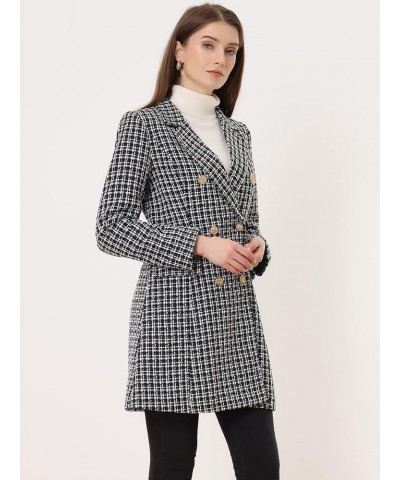 Women's Plaid Tweed Coat Elegant Lapel Collar Double Breasted Blazer Outerwear Black $33.54 Coats