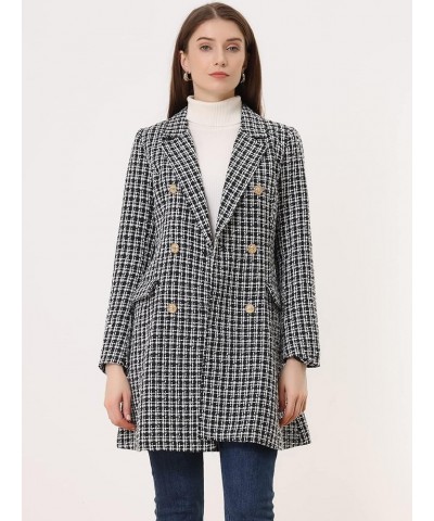 Women's Plaid Tweed Coat Elegant Lapel Collar Double Breasted Blazer Outerwear Black $33.54 Coats