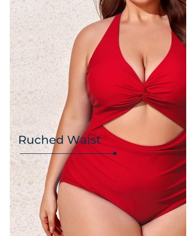 Plus Size Swimsuit for Women Cutout One Piece Ruched Monokini Tummy Control Bathing Suit Peach Red $11.60 Swimsuits