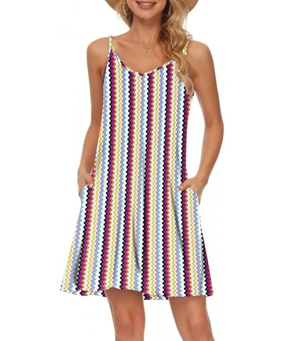 Women's Summer Spaghetti Strap Casual Swing Tank Beach Cover Up Dress with Pockets Colorful Curves $10.25 Swimsuits