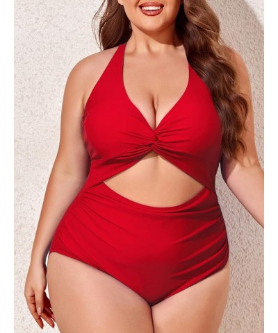 Plus Size Swimsuit for Women Cutout One Piece Ruched Monokini Tummy Control Bathing Suit Peach Red $11.60 Swimsuits