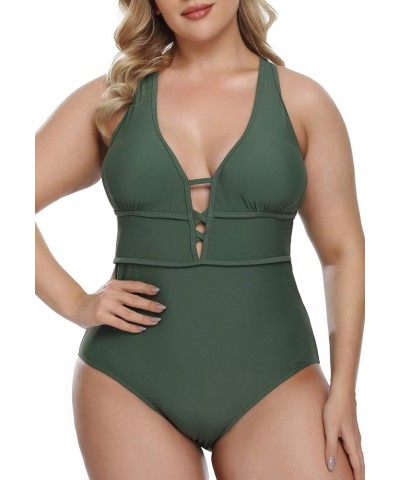 Women's Plus Size One Piece Swimsuits Bathing Suits for Women Sexy Halter Plunge Neck Swimsuit Lace Up Swimwear L-4XL Army Gr...