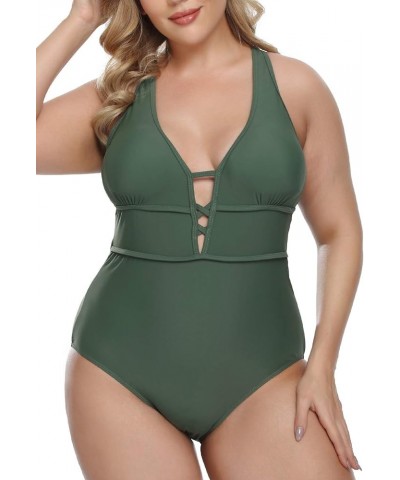 Women's Plus Size One Piece Swimsuits Bathing Suits for Women Sexy Halter Plunge Neck Swimsuit Lace Up Swimwear L-4XL Army Gr...