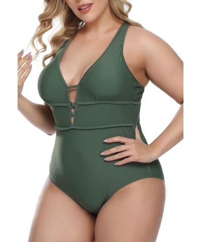 Women's Plus Size One Piece Swimsuits Bathing Suits for Women Sexy Halter Plunge Neck Swimsuit Lace Up Swimwear L-4XL Army Gr...