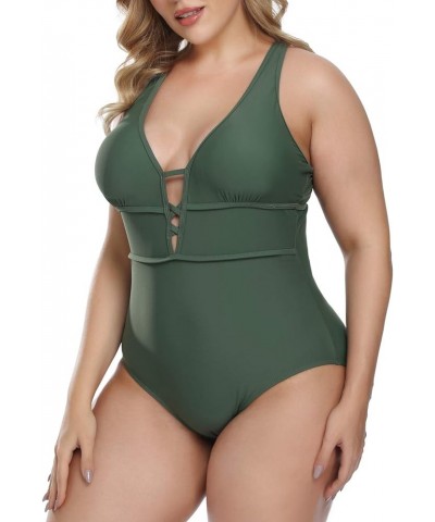 Women's Plus Size One Piece Swimsuits Bathing Suits for Women Sexy Halter Plunge Neck Swimsuit Lace Up Swimwear L-4XL Army Gr...