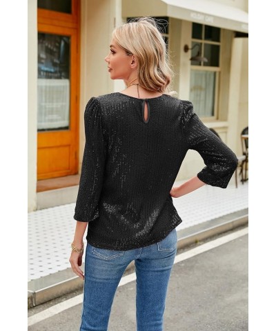 3/4 Sleeve Sequin Tops for Women Party Shimmer Embellished Sparkle Glitter Party Puff Tunic Top Blouse Black $20.24 Tops