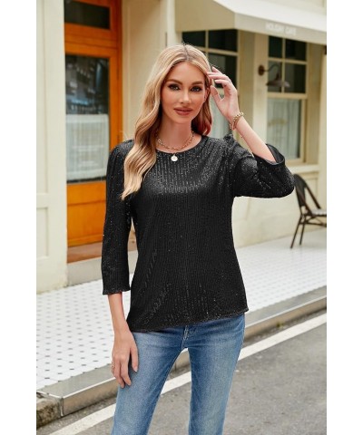 3/4 Sleeve Sequin Tops for Women Party Shimmer Embellished Sparkle Glitter Party Puff Tunic Top Blouse Black $20.24 Tops