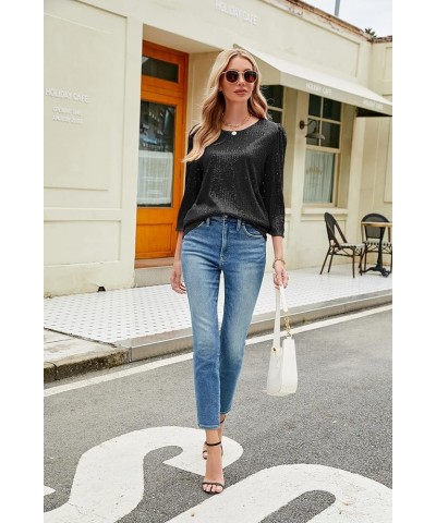 3/4 Sleeve Sequin Tops for Women Party Shimmer Embellished Sparkle Glitter Party Puff Tunic Top Blouse Black $20.24 Tops