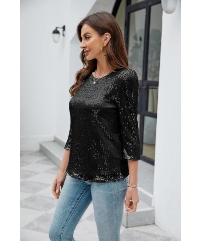 3/4 Sleeve Sequin Tops for Women Party Shimmer Embellished Sparkle Glitter Party Puff Tunic Top Blouse Black $20.24 Tops