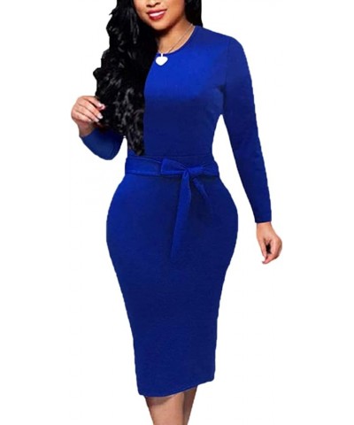 Women's Elegant Church Dress Long Sleeve Business Bodycon Work Pencil Dress W-blue $17.35 Dresses