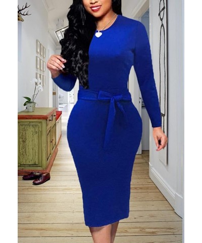 Women's Elegant Church Dress Long Sleeve Business Bodycon Work Pencil Dress W-blue $17.35 Dresses