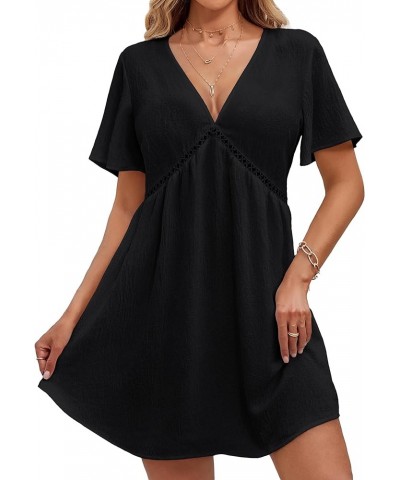 Women Swimsuit Coverup Crochet Beach Cover Ups V neck Bathing Suit Flowy Beach Dress 2023 A_short sleeve Black026 $13.94 Swim...