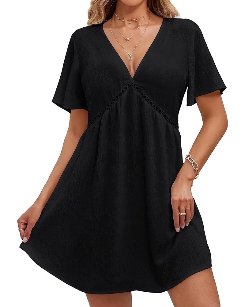 Women Swimsuit Coverup Crochet Beach Cover Ups V neck Bathing Suit Flowy Beach Dress 2023 A_short sleeve Black026 $13.94 Swim...