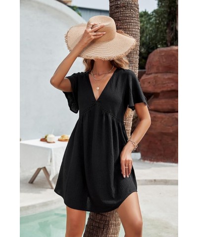 Women Swimsuit Coverup Crochet Beach Cover Ups V neck Bathing Suit Flowy Beach Dress 2023 A_short sleeve Black026 $13.94 Swim...