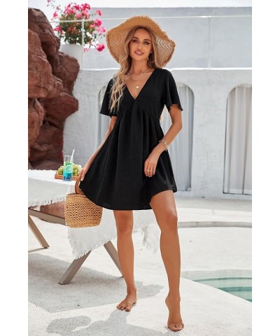 Women Swimsuit Coverup Crochet Beach Cover Ups V neck Bathing Suit Flowy Beach Dress 2023 A_short sleeve Black026 $13.94 Swim...