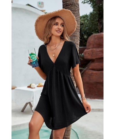 Women Swimsuit Coverup Crochet Beach Cover Ups V neck Bathing Suit Flowy Beach Dress 2023 A_short sleeve Black026 $13.94 Swim...