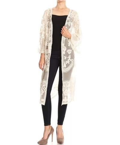 Womens Long Embroidered Lace Kimono Cardigan with Half Sleeves Beige $18.14 Swimsuits