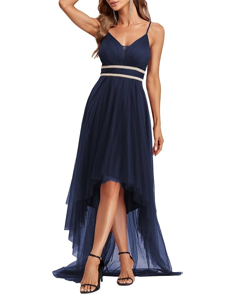 Women's Spaghetti V Neck A-line High-Low Party Dress Long Evening Dress 0212 Navy Blue $31.61 Dresses