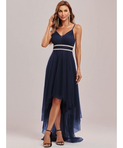 Women's Spaghetti V Neck A-line High-Low Party Dress Long Evening Dress 0212 Navy Blue $31.61 Dresses